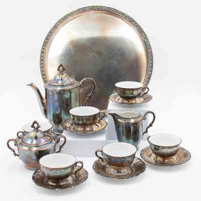 White Porcelain Coffee Service with Silver Plating