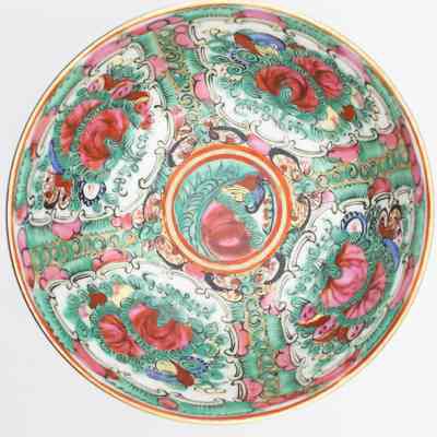 Inside of bowl: The image shows a beautifully detailed, hand-painted Hong Kong bowl with a gold rim, featuring vibrant green, pink, and red designs.