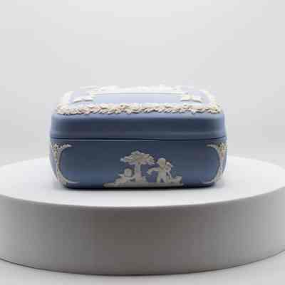 Blue Wedgwood Jasperware Square Dish Decorated with Scenes of Angels