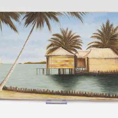 Painting of Venezuelan Coast: Image of a painting that depicts the Venezuelan coast. In the foreground on the left are two tall palm trees that extend to the top of the painting in the beach. Brown rocks line the coast of the sand. In the background on the right are a group of three small houses with straw roofs in the water. They are accompanied with three trees, and their shadows extend out into the coast. A small sailing ship is visible in the distance on the left. The sky is slightly cloudy.