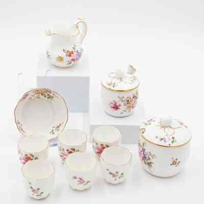 White Royal Crown Derby Porcelain Set with Pink and Colored Flowers