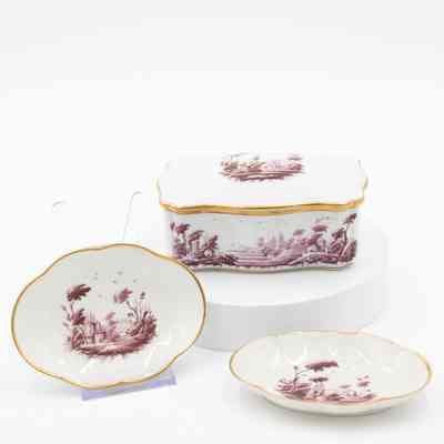 White Ceramic Ashtray and Cigarette Box Decorated with Maroon Pastoral Scene and Gold Rim