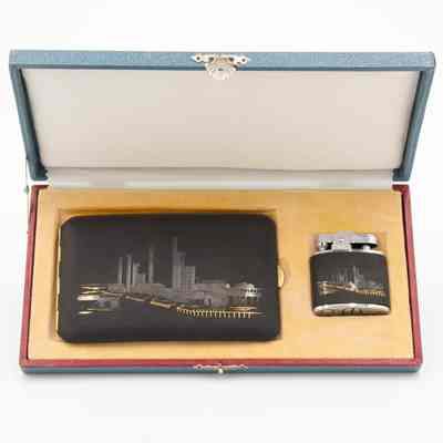 Set of Cigarette Case and Lighter with Oil Refinery Scene in Blue Case