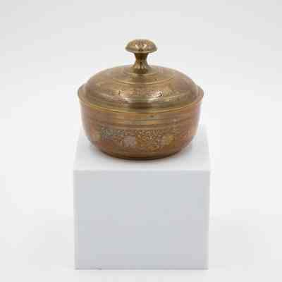 Small Brass Covered Bowl with Red Engraved Floral Motif