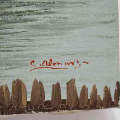 Red Signature: Close-up image of the painting's bottom right which has a signature in red paint. Likely the original painter, the name is unclear.