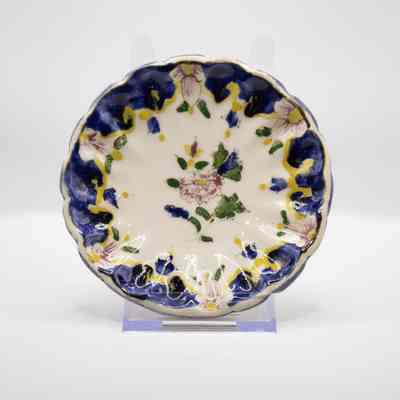 Blue and Yellow Floral Dish with Pink Flowers