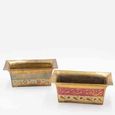 Pair of Brass Rectangular Cachepots with Blue and Pink Designs