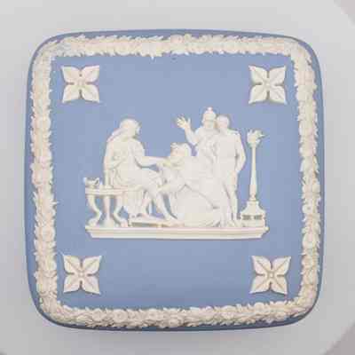 Wedgwood Jasperware square dish: The blue Wedgwood Jasperware dish features detailed angelic scenes with ornate floral borders.
