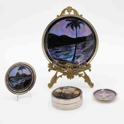 Full plate and coaster set: A plate, two coasters, and a coaster box all with matching purple and black designs.