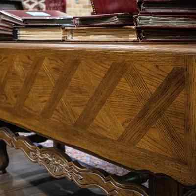 Harvest table: Harvest table with 2 drop leaves with inlaid parquetiz design.
