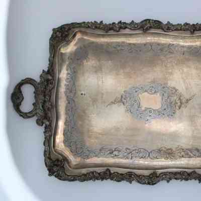 Large Rectangular Silver Tray with Intricate Molded Handles and Edges