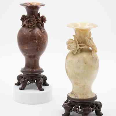 Pair of Soapstone Vases Adorned with Flowers