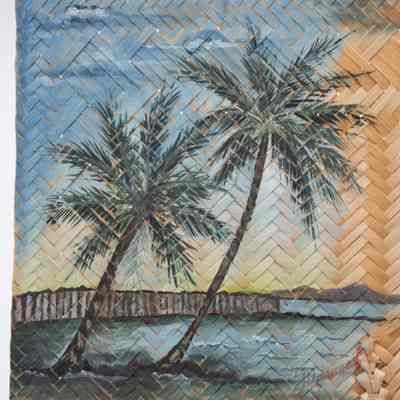 Woven fan: The woven palm fan features Lake Maracaibo, showcasing palm trees against a serene sunset.