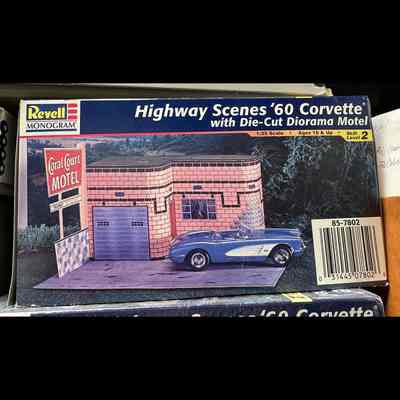 Plastic model kit. “Highway Scenes ’60 Corvette with Die-Cut Diorama Motel.”