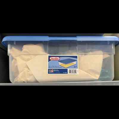 Plastic Sterilite-branded tub; transparent body blue lid.