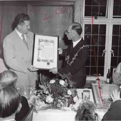 People - Mayor Parker presents engraved resolution to Taunton England Mayor Fred G. Dowel