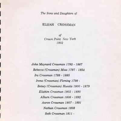 The Sons and Daughters of Elijah Crossman of Crown Point, New York 1802