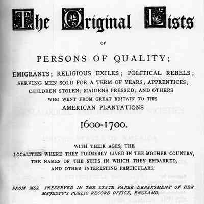 Our early emigrant ancestors; The original lists of persons of quality; emigrants, religious exiles; political rebels; serving men sold for a term of years; apprentices; children stolen; maidens pressed; and others who went from Great Britain to the American plantations, 1600-1700. With their ages, the localities where they formerly lived in the mother country, the names of the ships in which they embarked, and other interested particulars. From mss. preserved in the State paper department of Her Majesty's Public record office, England.