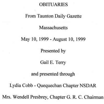Obituaries from Taunton Daily Gazette, Massachusetts May 10, 1999-August 10, 1999