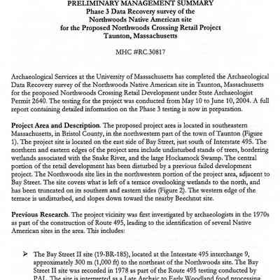 Phase 3 Data Recovery Archaeological Servey of the Northwoods Native American Site for the Proposed Northwoods Retail Development, Taunton, Massachusetts
