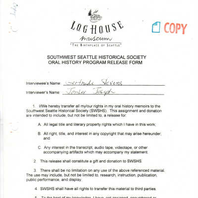 Gertrude Stevens - Oral History Release Form
