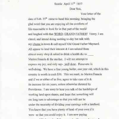 Transcript of Doc Maynard Letter dated April 11, 1857