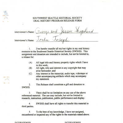 George And Jessie  Shephard - Oral History Release Form