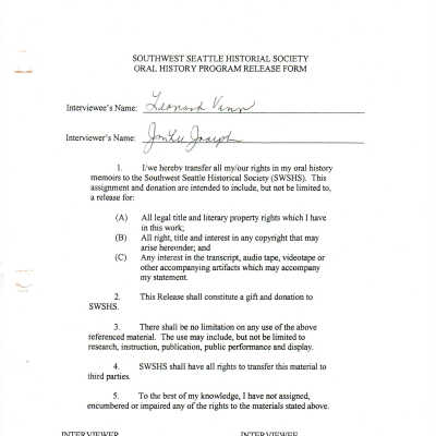 Leonard Vann - Oral History Release Form