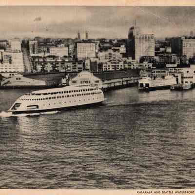 Giant postcard of Seattle waterfront and ferry Kalakala