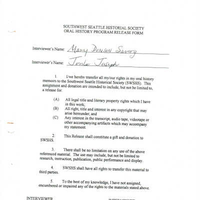 Savery, Mary Dunson - Oral History Release Form