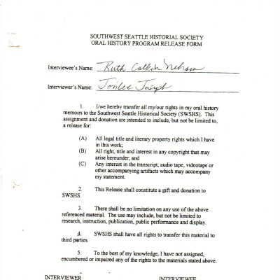 Ruth Calkin Neham  - Oral History Release Form