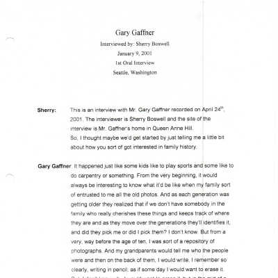 Transcript of Gary Gaffner, interviewed by Sherry Boswell, January 9th, 2001. Also dated April 24th, 2001.