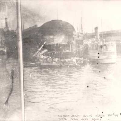 Colman Dock after being hit by the Alameda, 1912.