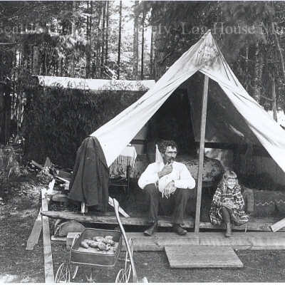 Man and tent at Alki: Copyright: Unknown; Origsize: 10" x 8"; Origformat: Print-Photographic; Resolution: 75