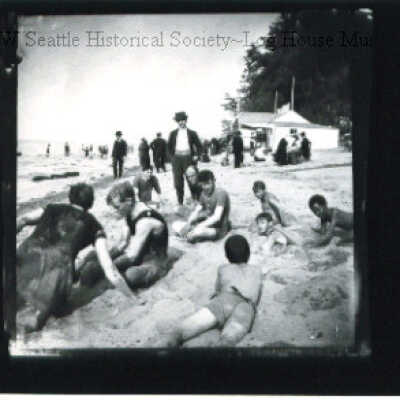 Male bathers at Alki: Copyright: Unknown; Origsize: 5" x 4"; Origformat: Print-Photographic