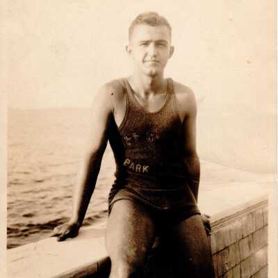 Man in swimsuit at Alki.