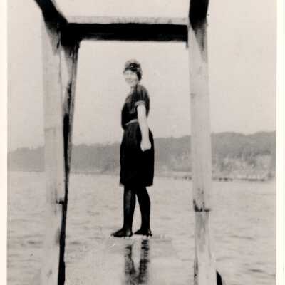 Woman on diving board, Alki.