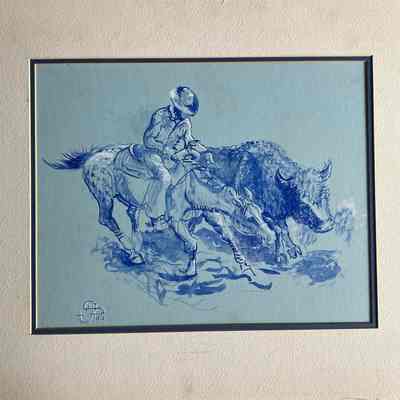 Watercolor horse steer blue