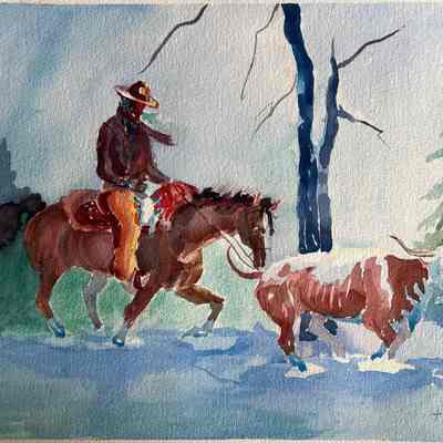 Watercolor Cowboy & steer