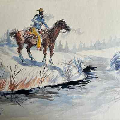 Watercolor horse by creek