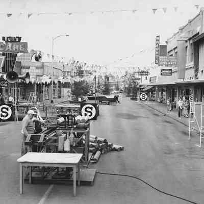 Photograph of woodworking display, Main Street, Shoppers Paradise event, Springfield, Oregon, 1957