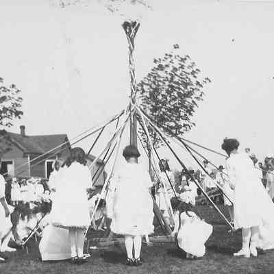 Photograph of girls around maypole, May Day at Lincoln School #5, 1921