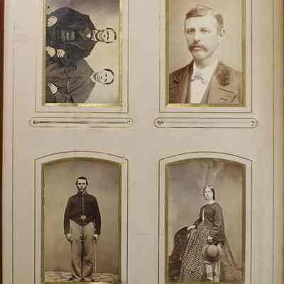 2016-024-012_img-008: Page 6 of photograph album 2016.024.012: Four photos all unknown.
1) Unknown man and woman.
2) Unknown man in suit with a mustache.
3) Unknown man wearing Civil War enlisted shell jacket with belt and buckle and a sword.
4) Unknown woman in a long dress with jacket, holding a hat.