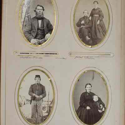 2016-024-012_img-012: Page 10 of photograph album 2016.024.012: Four photos:
1) Mattias Foss?(Cousin). 
2) Mr. & Mrs. Jacob Miller.
3) Jacob Fogle Civil War enlisted shell jacket with belt and buckle and a sword. 
4) Photo of Sarah Clark and Lyzie (?)