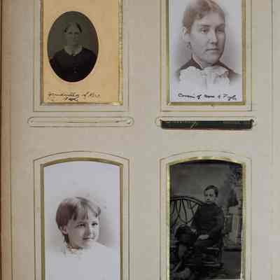 2016-024-012_img-013: Page 11 of photograph album 2016.024.012: Four photos:
1) Photo of grandmother of Mrs. A. Fogle. 
2) Photo of cousin of A. Fogle. Taken at Shively Decatur Illinois.
3) Photo of cousin of A. Fogle. Taken at Shively Decatur Illinois.
4) Photo of cousin of A. Fogle.