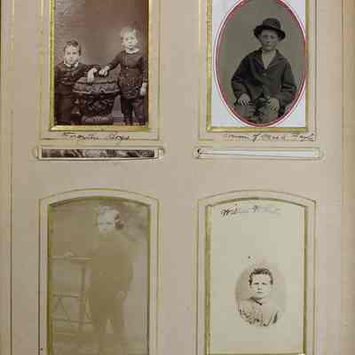2016-024-012_img-014: Page 12 of photograph album 2016.024.012: Four photos:
1) Photo of Forsythe boys. 
2) Photo of cousin of Mrs. A. Fogle. 
3) Photo of Victor Fogle. 
4) Photo of Willie White.