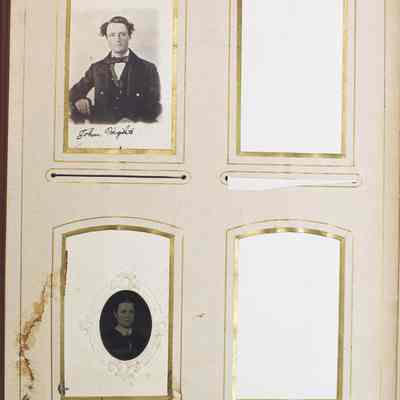 2016-024-012_img-028: Page 24 of photograph album 2016.024.012: Two photos: 
1) Photo of John Hights. 
2) Photo of unknown young woman.