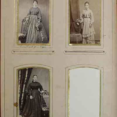 2016-024-012_img-030: Page 26 of photograph album 2016.024.012: Three photos: 
1) Photo of Sweetheart of A. Fogle. 
2) Photo of unknown woman standing beside a chair. 
3) Photo of Louis Swelly, friend of A. Fogle.