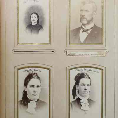 2016-024-012_img-031: Page 27 of photograph album 2016.024.012: 4 photos: 
1) Photo of Sadie White, friend of A. Fogle. 
2) Photo of S.B. Speaker, friend of A.Fogle. Taken by Wright No. 86 Pine St. Williamsport, Pa.
3) Photo of Maggie Hunter Cook. 
4) Alice Hunter, sister of Magie.