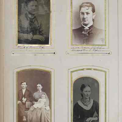 2016-024-012_img-033: Page 29 of photograph album 2016.024.012: 4 photos:
1) Photo of a friend of Mrs. A Fogle. 
2) Photo of Dora Brown, friend of Mr. and Mrs. Fogle. 
3) Photo of a friend of Mrs. A Fogle. 
4) Photo of Mrs. A Fogle.